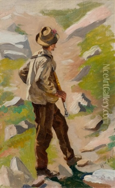 Homme A La Montagne (arolla) Oil Painting - Henri Van Muyden
