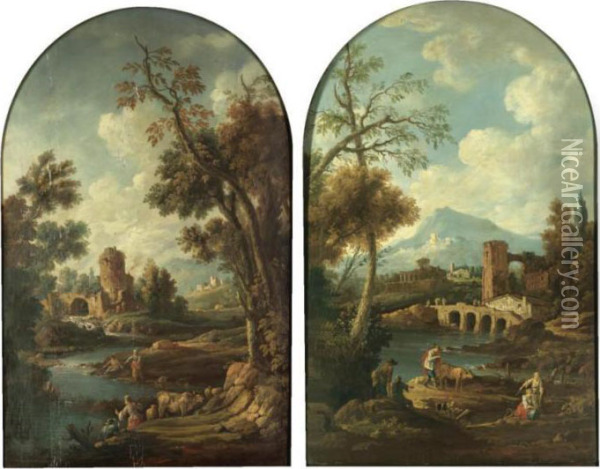 A Southern Landscape With Herders Resting On A Riverbank, Classical Ruins Beyond Oil Painting - Francesco Zuccarelli