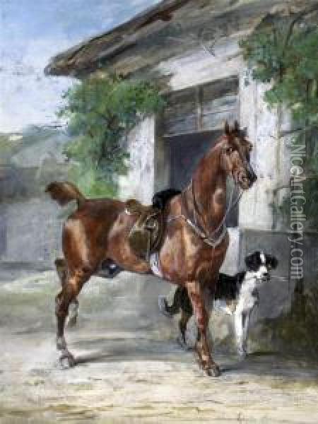 Hunter And Hound Beside A Stable Door Oil Painting - John Lewis Brown