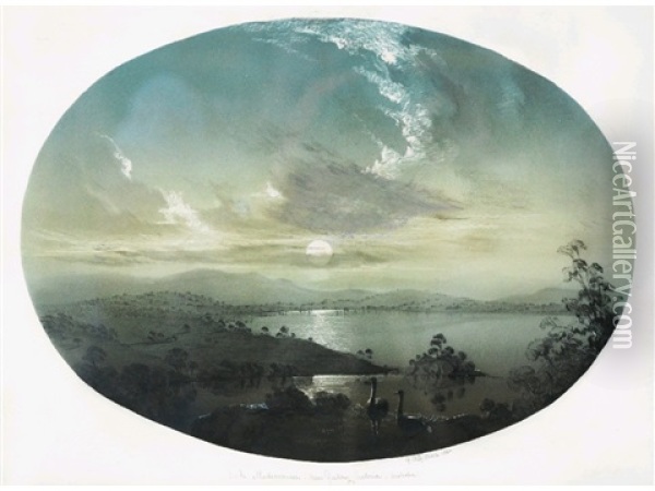 Lake Madewarree, Nr Geelong, Victoria, Australia By Moonlight With Emus In The Foreground Oil Painting - Arthur Gilbert