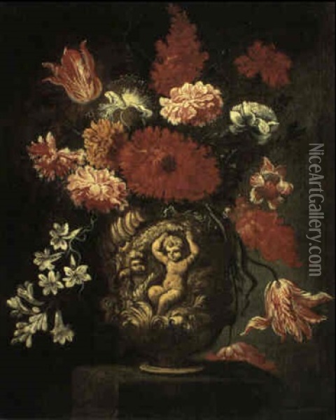 A Still Life Of Flowers Including Salvias, Tulips,          Carnations And Stephanotis In An Ornamental Urn On A Stone Oil Painting - Giacomo Recco
