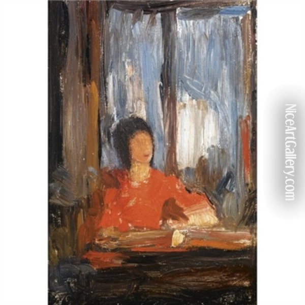 Seated Woman With Red Dress Next To A Window Oil Painting - Nikolaus Gysis