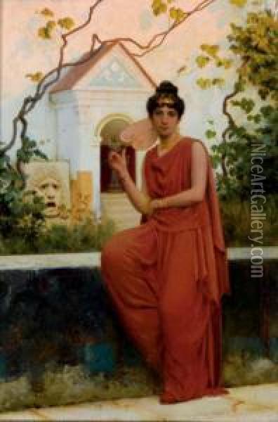 Seated Woman In A Red Dress Oil Painting - Stefan W. Bakalowicz