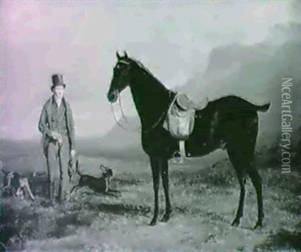 General Lord Robert Kerr Of Newbattle Rough Shooting In A   Mountainous Landscape, With His Pony And Two Pointers Oil Painting - William Douglas