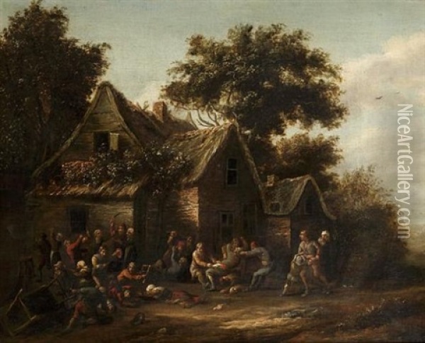 Peasants Brawling Outside A Village Tavern Oil Painting - Barend Gael