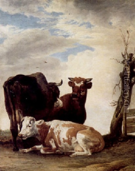 Cows And A Bull In A Landscape Near A Tree And A Fence Oil Painting - Paulus Potter