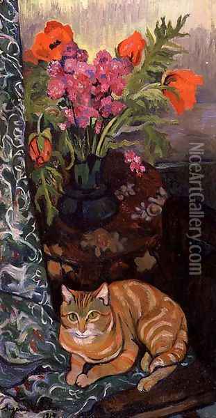 Bouquet and a Cat, 1919 Oil Painting - Suzanne Valadon