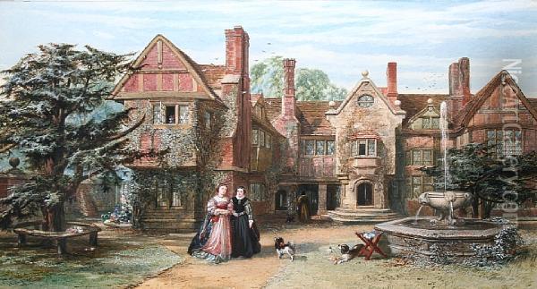 Elizabethan Figures Before A Manor House Oil Painting - John Edmund Buckley