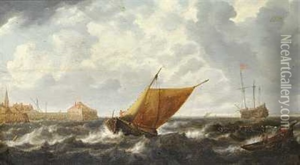 Skibe I Hardt Vejr Ved Indsejlingen Til En Havn Oil Painting - Bonaventura Peeters the Elder