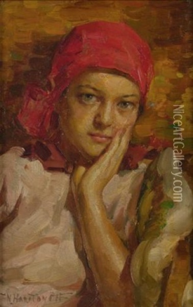Portrait Of A Girl In A Red Scarf Oil Painting - Nikolai Vasilievich Kharitonov