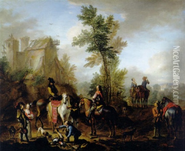 A Hunting Party Halting After The Chase Oil Painting - Carel van Falens