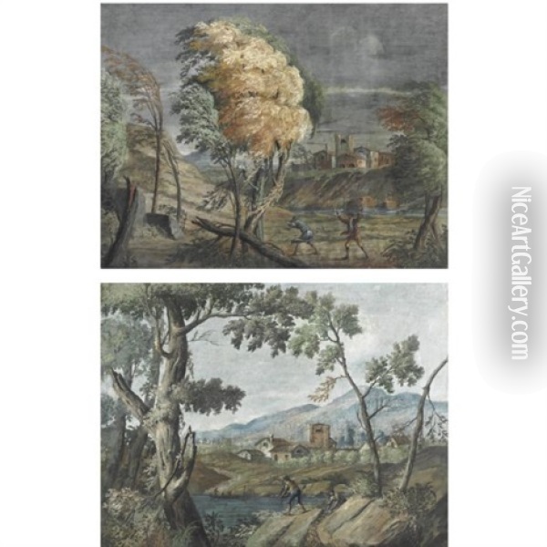 Paesaggio Con Temporale (+ Paessagio Con Figure Presso Un Fiume; Pair) Oil Painting - Marco Ricci