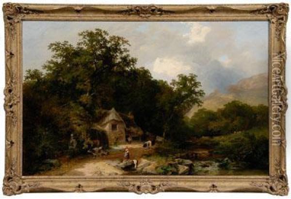A Wooded Landscape With Cottage And Figures Oil Painting - Henry John Boddington