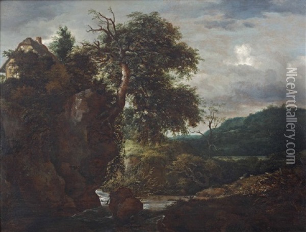 A Rocky River Landscape With A Cottage On A Cliff Oil Painting - Jacob Van Ruisdael