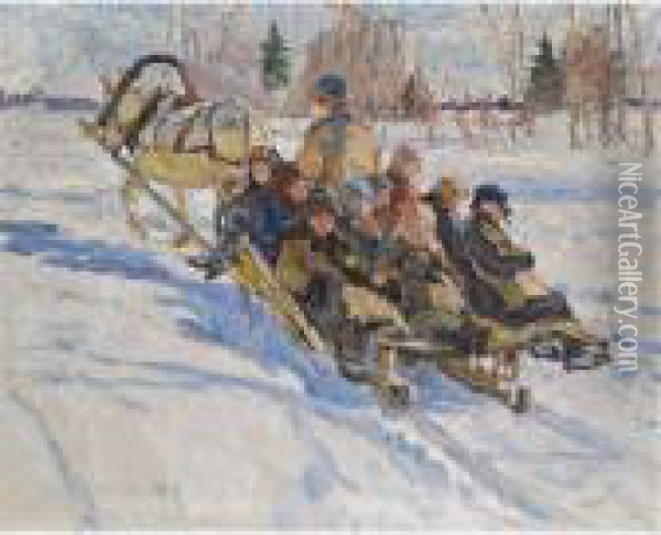 Children Riding In A Sleigh Oil Painting - Nikolai Petrovich Bogdanov-Belsky