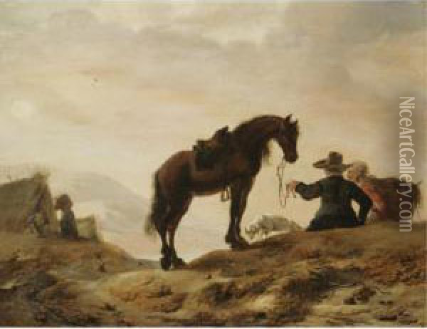 A Landscape With A Cavalier Resting With His Horse And Dog Oil Painting - Dirck Willemsz. Stoop