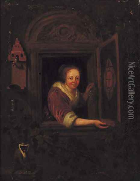 A lady with a monkey and a bullfinch at a casement Oil Painting - Gerrit Dou