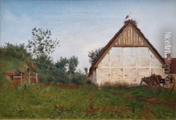 A Farmhouse With Storks Oil Painting - Adolph Larsen