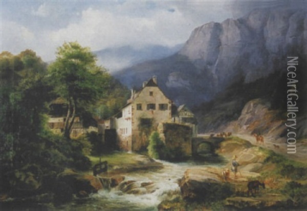 Landschaft Mit Muhle, Tier- Und Figurenstaffage Oil Painting - Theodor Leopold Weller