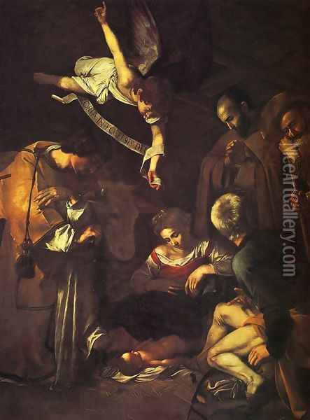 Nativity with Saints Francis and Lawrence Oil Painting - Caravaggio