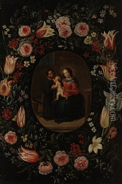 Blumengirlande Mit Heiliger Familie In Der Zimmermanns-werkstatt Oil Painting - Andries Daniels