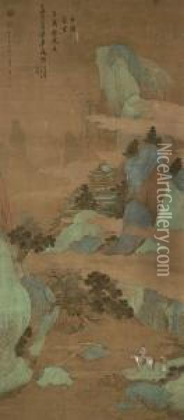 Travelling In The Mountains Oil Painting - Shen Zhuo