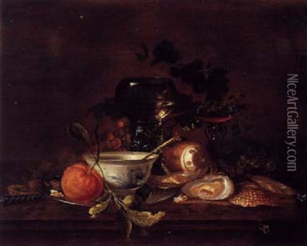 A Still Life With Walnuts, A Knife, An Orange And A Bowl On A Pewter Plate, A Peeled Lemon, Oysters, Grapes, A Tazza And A Roemer, All On A Wooden Table Oil Painting - Jan Davidsz De Heem