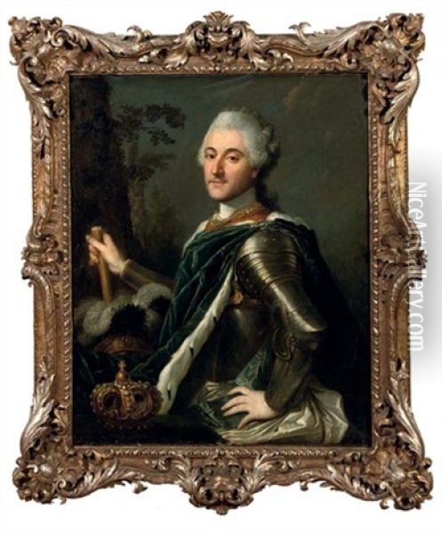 Portrait Of King Stanislas August Ii Poniatowski In Armour, His Crown Nearby Oil Painting - Jean Marc Nattier