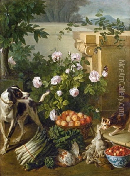Nature Morte Aux Fruits, Legumes, Gibier, Chien Et Chat Oil Painting - Alexandre Francois Desportes