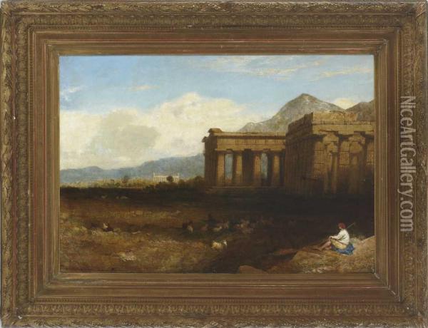 Die Tempel In Der Ebene Von Paestum. Oil Painting - George Edwards Hering