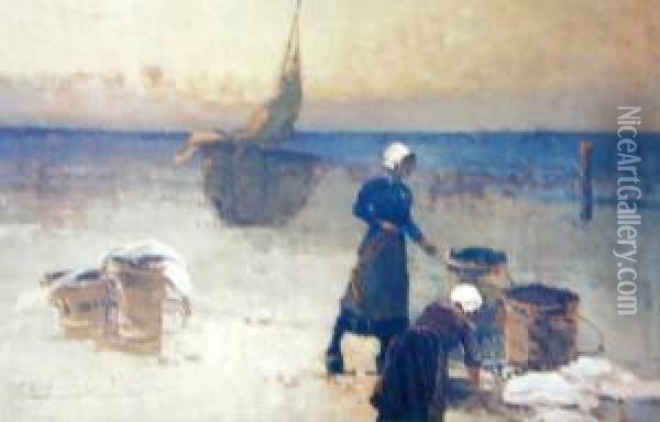 Rybaczki Piorace Na Brzegu Morza, L.1920-te Oil Painting - Wladyslaw Wanke Wankie