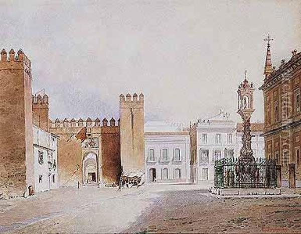 Vista De La Puerta Del Alcazar De Sevilla Oil Painting - Rafael Benjumea