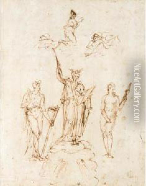 Design For A Monument: Moses Standing Between Adam And Eve Oil Painting - Niccolo Tribolo