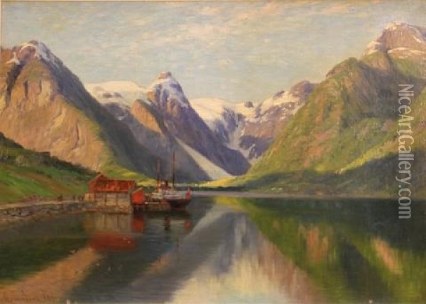 A View Of Fjaerlandsfjord, Norway Oil Painting - Johannes Martin Grimelund