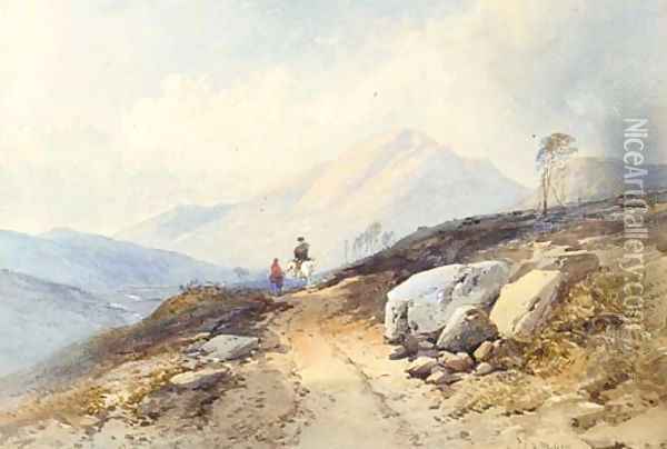 Highland figures on a track in a mountainous landscape Oil Painting - Thomas Charles Leeson Rowbotham
