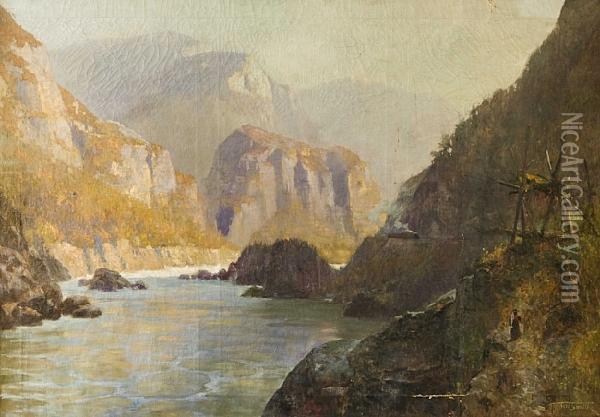 Train Passing Through The Fraser Canyon Nearan Indian Fishing Place Oil Painting - Frederic Marlett Bell-Smith