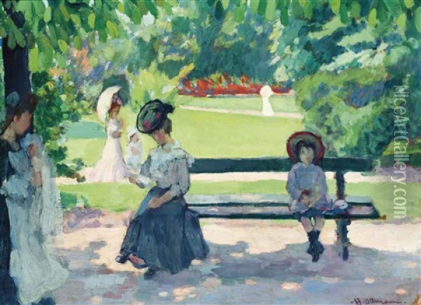 La Lecture, Jardin Du Luxembourg Oil Painting - Henri Ottmann