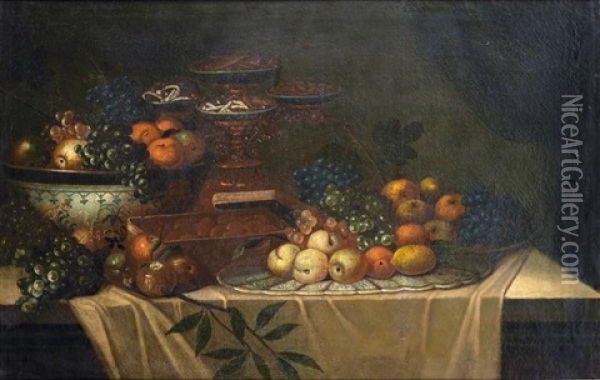 Nature Morte De Fruits Et Confiseries Sur Un Entablement De Pierre Oil Painting - Juan Van Der Hamen Y Leon