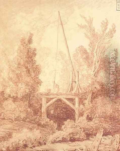 Le seau d'eau A woman on a pontoon among trees lowering a bucket into a stream Oil Painting - Hubert Robert