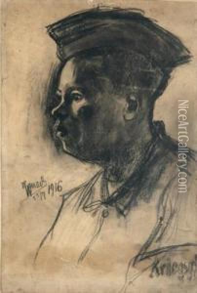Portrat Eines Jungen Soldaten Des Ersten Weltkrieges, Kohlezeichnung Oil Painting - Richard Wenzel