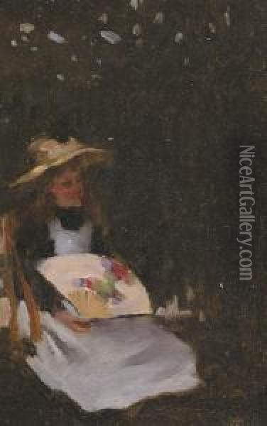 Young Girl In Hat With Fan Oil Painting - Hugh Ramsay