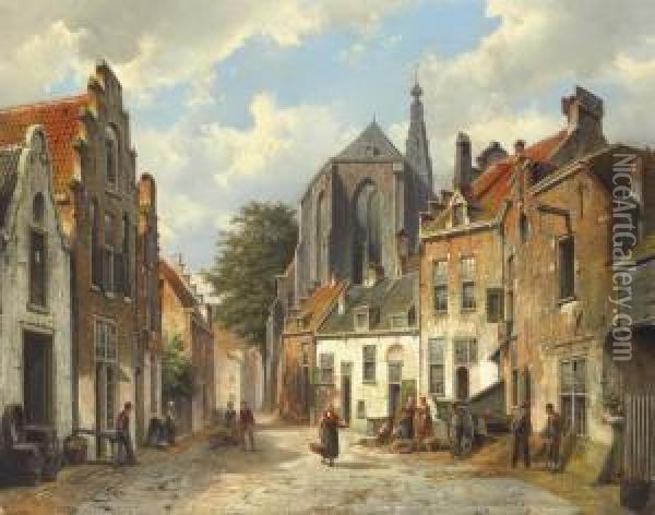 Townspeople On A Sunny Dutch Street Oil Painting - Willem Koekkoek