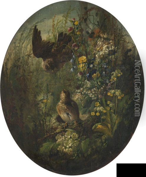 Couple D'oiseaux Dans Un Sous-bois Fleuri Oil Painting - Hector Giacomelli