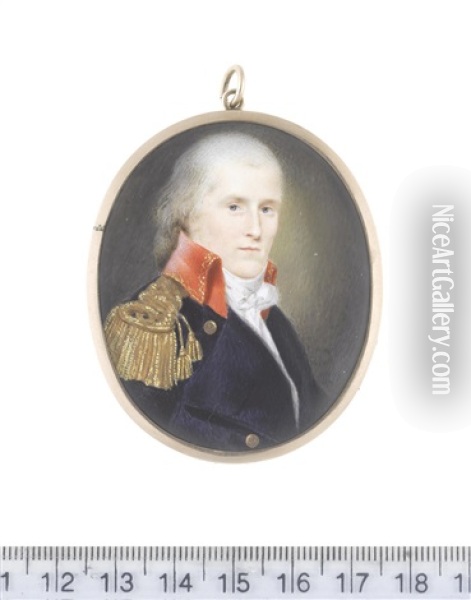 A Naval Officer, Wearing Navy Blue Coat With Brass Buttons Bearing Anchors And Red Standing Collar Edged With Gold Embroidery, Gold Epaulette, White Chemise, Stock And Knotted Cravat Oil Painting - Charles Willson Peale