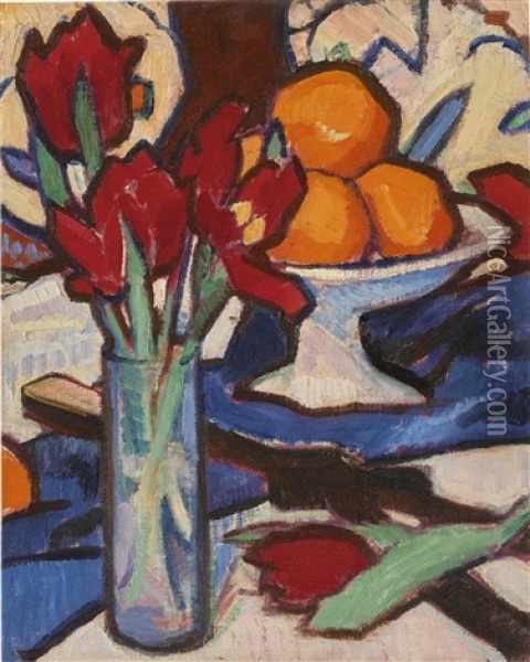 Still Life With Tulips And Oranges Oil Painting - Samuel John Peploe