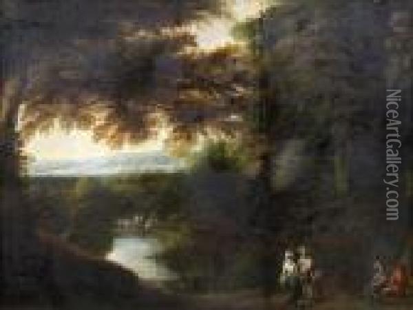 Bewaldete Fluslandschaft Mit Figurenstaffage Oil Painting - Jaques D'Arthois