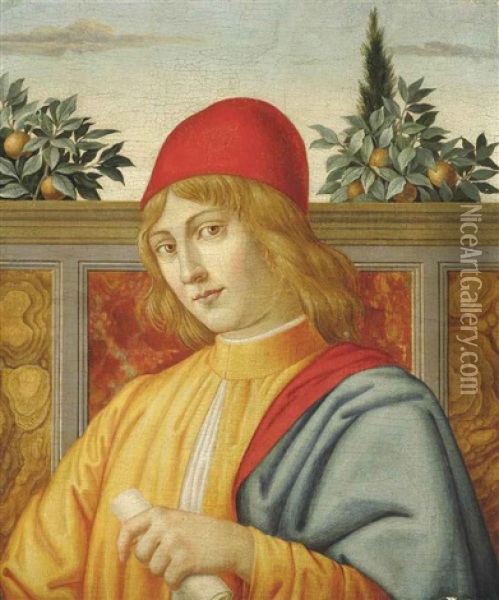 Portrait Of A Young Man, Bust-length, Possibly Piero Lorenzo De Medici (1492-1519, In A Yellow Cloak And Red Hat, A Scroll In His Left Hand Oil Painting - Sandro Botticelli
