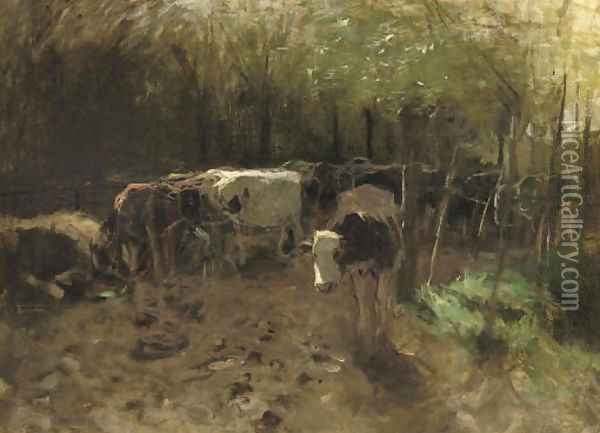 De Koeienbocht a herd of cows on a country path Oil Painting - Anton Mauve