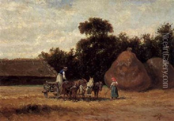 Ungarischer Bauernhof Mit Baumen Und Strohschobern Oil Painting - August Xaver Carl von Pettenkofen