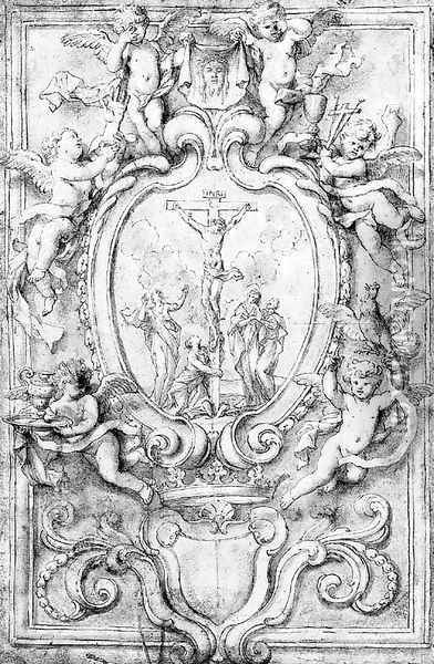 The Crucifixion in a cartouche, surrounded by putti bearing symbols of the Passion design for a frontispiece Oil Painting - Domenico Piola